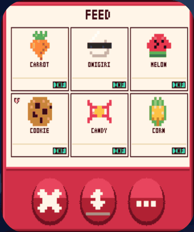 The FEED picker with a grid of foods: carrot, onigiri, melon, cookie, candy, corn