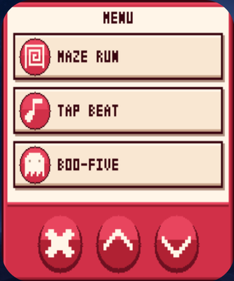 A menu of mini-game pills: MAZE RUN, TAP BEAT, BOO-FIVE