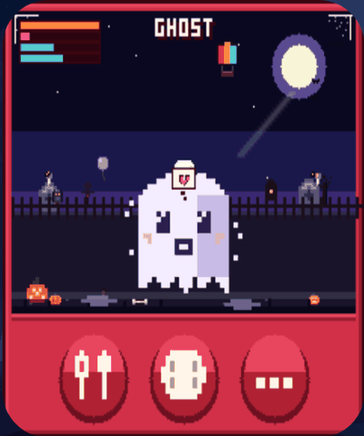 The ghost pet scene with a drifting balloon in the graveyard sky