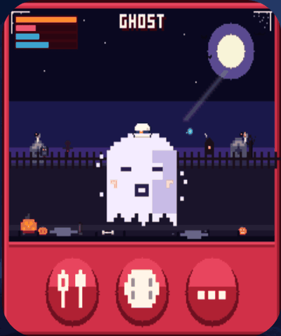 The ghost pet with a small toy sparkle bubble after a PLAY tap