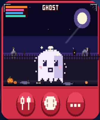 Petabytes ghost pet in a moonlit graveyard scene, inside the home-screen widget
