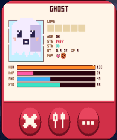 The STATS card showing LOVE hearts, age, stage, and HUM HAP ENG HYG bars