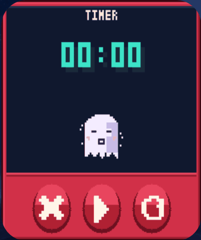 The TIMER screen with a 00:00 digital readout and the pet sitting below